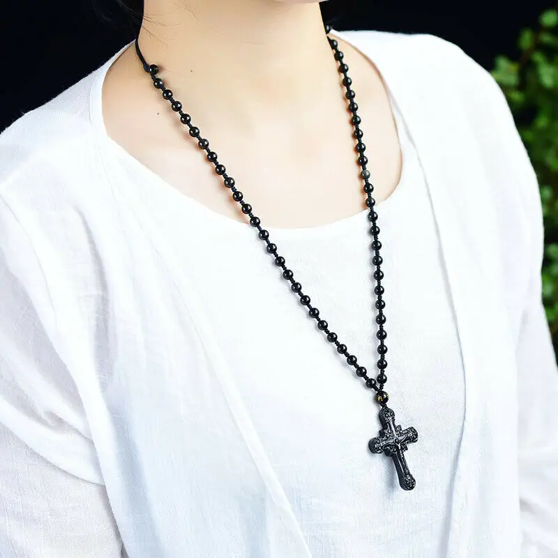 Натуральный черный обсидиан крест ожерелье из бисера Шарм ювелирные изделия Модные аксессуары ручной резной Иисуса амулет Подарки для женщин