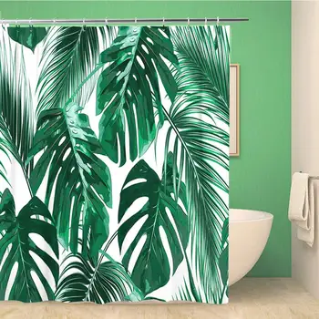 

Bathroom Shower Curtain Green Leaf Tropical Palm Leaves Jungle Floral Pattern Colorful Tropic Polyester Fabric 72x78 inches