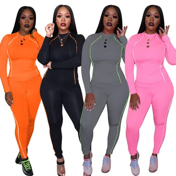 

New Fluorescent Trim Solid Athleisure Two Piece Set Women Tracksuit Long Sleeve Shirt Top Pencil Pants Sportswear Women Outfits
