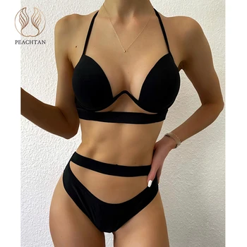 

Peachtan Sexy push up bikinis 2020 mujer Hollow out swimsuit women High cut swimwear female Black halter bathing suit Bathers