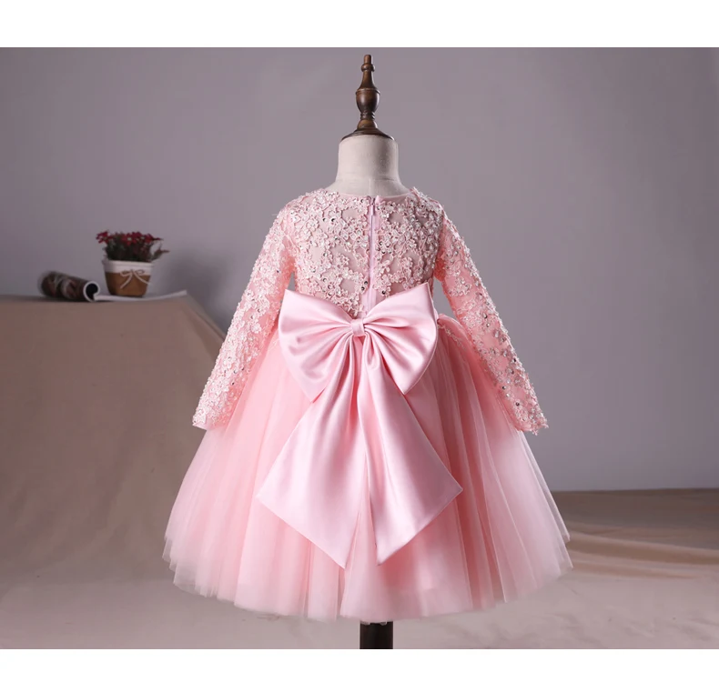 Розовое Кружевное Свадебное платье принцессы с блестками для маленьких девочек; платье на крестины с длинными рукавами для новорожденных; Вечерние платья на день рождения для крещения