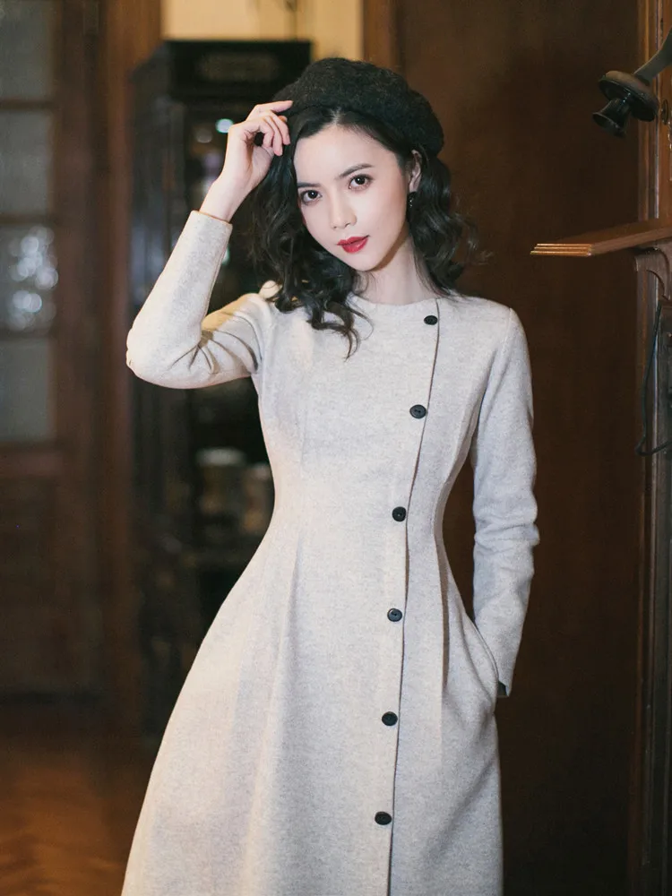 YOSIMI 2019 осенне зимнее винтажное длинное женское платье элегантное бежевое