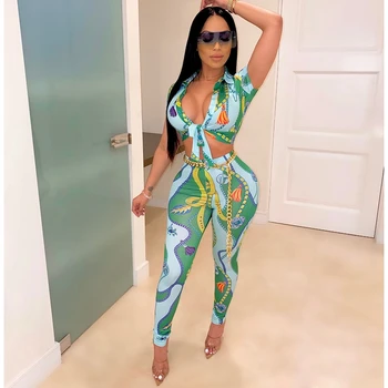 

Summer Sexy Two Piece Set Women Green Print Bow Tie Shirt Crop Top and Pants Set Skinny Night Club 2 Piece Outfits for Women