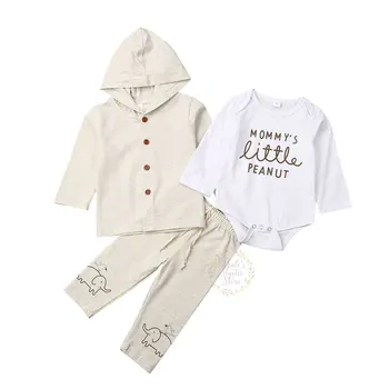 

0-18M Infant Newborn Baby Boy Girl Clothing Set Soft Long Sleeve Hooded Coat +Letter Romper Pants Outfits Autumn Spring Costumes