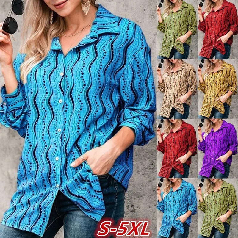 

Large size casual loose women's blouses 2020 spring Women Blouses corrugated printed lapel long-sleeved Tops shirt