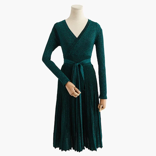 Green Gaganight элегантное женское облегающее платье с люрексом, длинные рукава, v-образный вырез, пояс, миди платья, Осень-зима, вязанное, Vestidos, корейское, эластичное - Цвет: Green