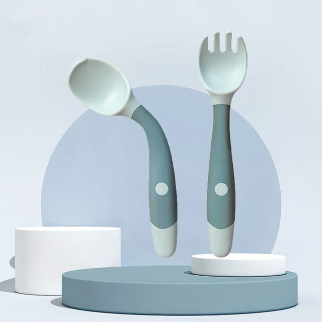 Silicone Spoon for Baby Utensils Set Auxiliary Food Toddler Learn To Eat Training Bendable Soft Fork Infant Children Tableware Dark Green