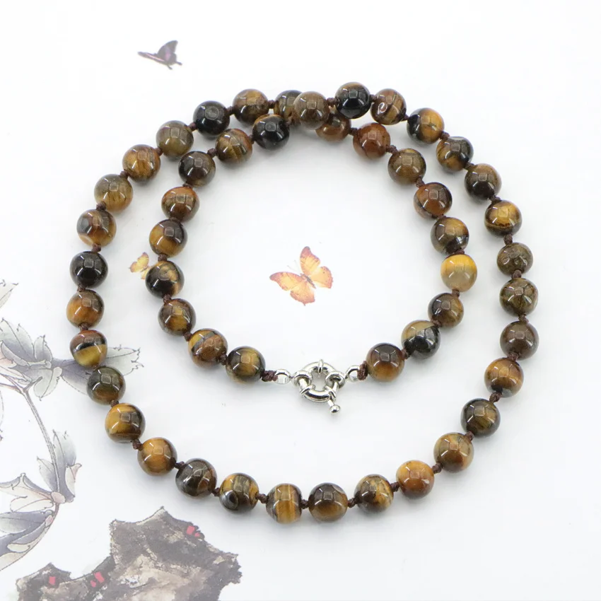 Natural 6-14mm Tiger Eye Stone Necklace Round Loose Beads Gems Stone Women Girls Wedding Christmas Gifts Jewelry Wholesale 18 “