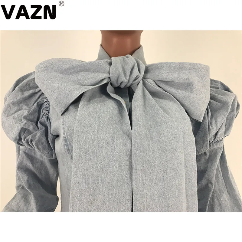 VAZN, хит, цветной однотонный джинсовый топ с бантом, новинка, женская мода, элегантная,, Повседневная футболка, квадратный воротник, длинный рукав, женская рубашка на пуговицах