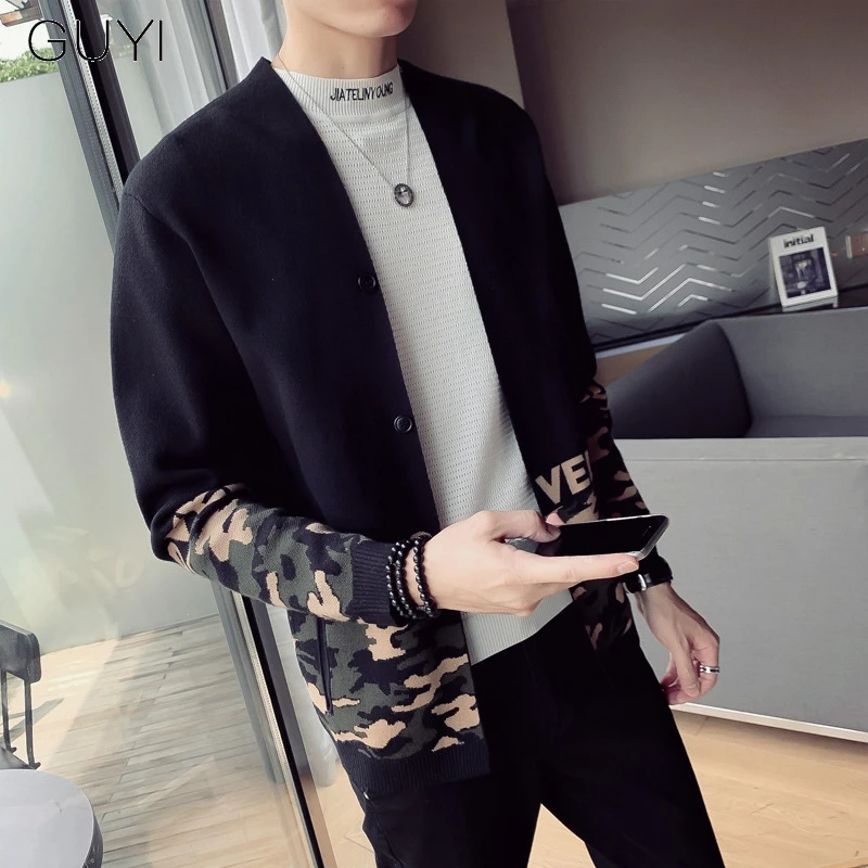

GUYI Black Camouflage Patchwork Sweater Men Grey Pockets Single Breasted Cardigan Male Autumn Korean Casual Fashion Streetwear