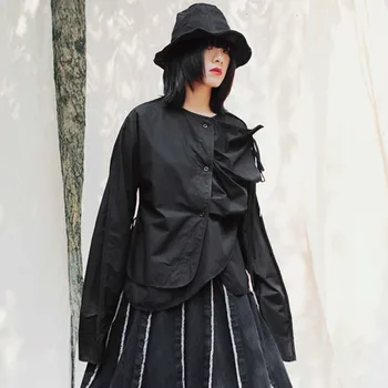 

LANMREM Shirts Women 2020 Spring New Single-breasted Loose Long Sleeves With Solid Color Irregular Retro Straps Shirt PC333