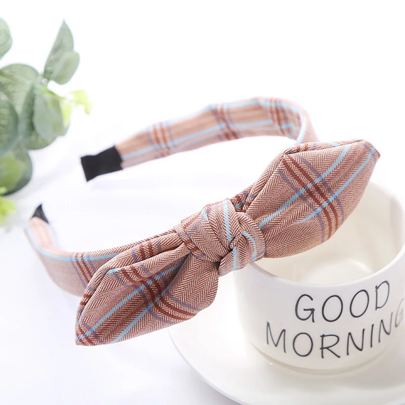 khaki 12 шт. заячьи ушки Hairband украшения для волос для девочек оголовье в клеточку обруч на волосы, завязанный бантом для детей - Цвет: khaki