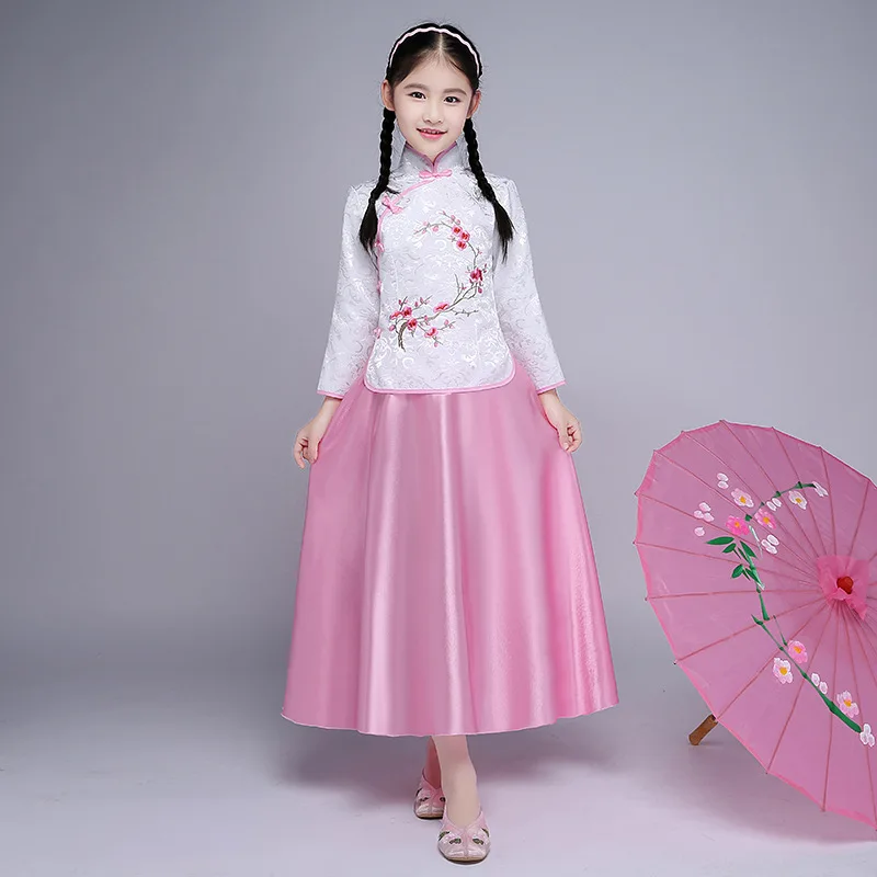 Изысканная вышивка для девочек; Cheongsam; Винтажный Длинный Воротник-стойка; Qipao; vestidos; элегантный длинный костюм в стиле Тан; костюм
