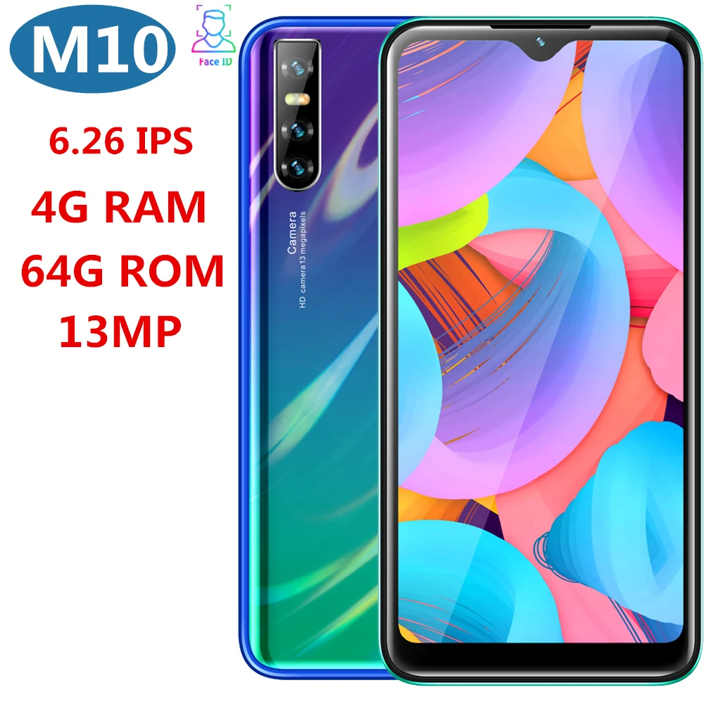 

M10 global quad core smartphones 4G RAM 64G ROM 13MP 6.26" IPS android mobile phones 2SIM cheap celulares WCDMA FACE ID unlocked
