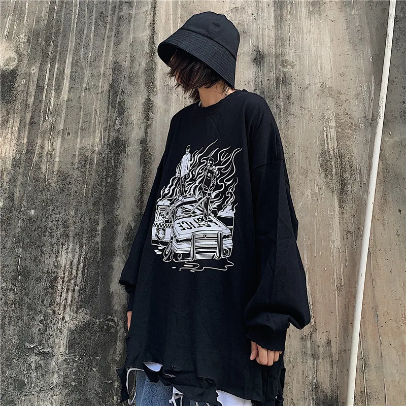 Lychee Harajuku Свободные повседневные женские толстовки с круглым вырезом топ с принтом пламени отверстие Женская Толстовка Топы весна осень женские пуловеры