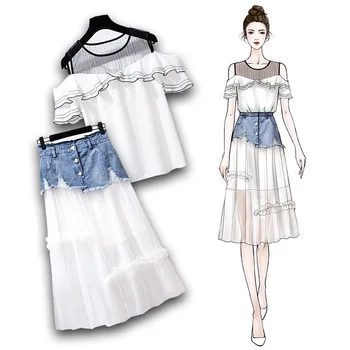 

Women's Clothing Sets 2020 Summer Fashionable Ruffles T Shirt Pullover Denim Mesh Patchwork A-line Skirt Women Two Piece Outfits