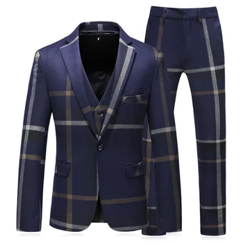 

Men's Boutique Plaid Wedding Dress Suit Set 2020 Three Pieces Formal Business Casual outfit Groom Tuxedos Prom Blazers