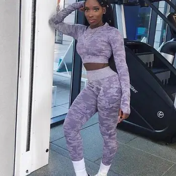

Newest Yoga Set Women Seamless Camouflage Long sleeves Tops High Waist Leggings Fitness Sport GYM Camo Suits Tight Workout pants