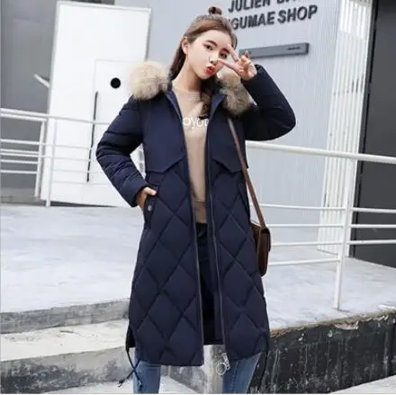 Navy blue Новая зимняя куртка средней длины приталенное Хлопковое платье с меховым воротником и капюшоном модное утепленное пальто - Color: Navy blue