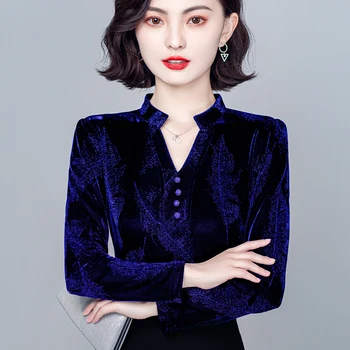 

COIGARSAM 4XL Plus Size Fashion Full Sleeve blouse women New Lace V-Neck blusas womens tops and blouses Blue With Cloth Nap