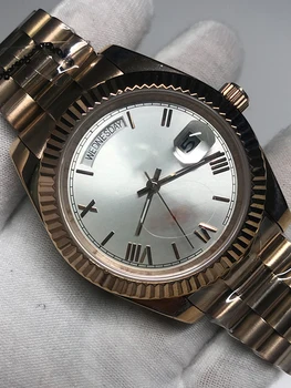 

Rose Gold Silver dial watch Men 40mm automatic mechanical sweeping movement luxury brand Watches green dial daydate