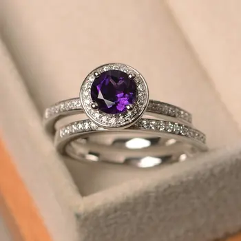 

New Product Simple Micro-set S925 Sterling Silver Round Amethyst Light Luxury Classic Temperament Female Ring Ring Ring
