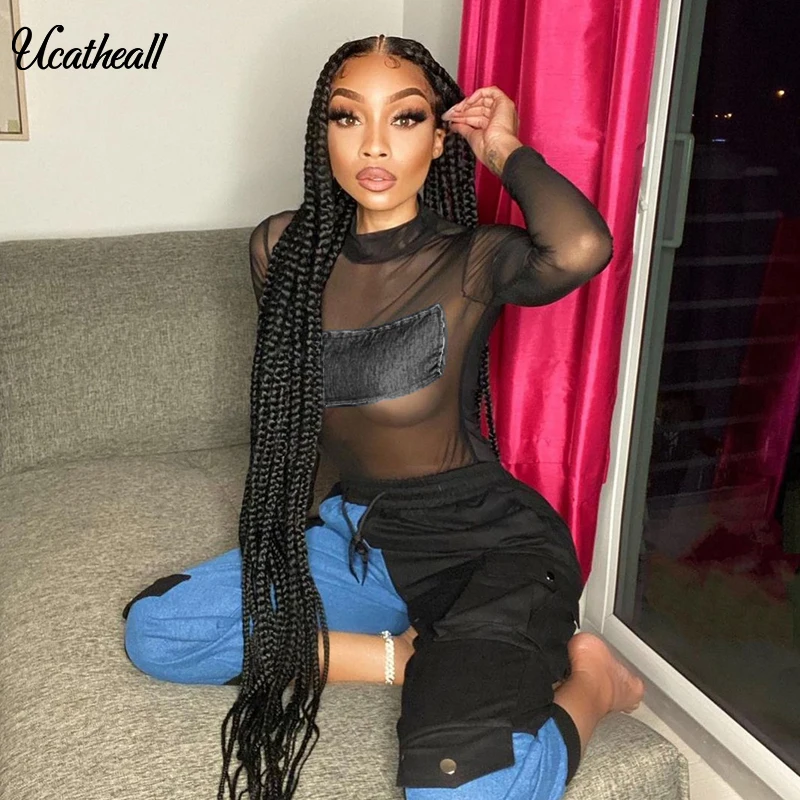 New Womens Long Sleeve Sexy Mesh Body Top Denim Splicing Punk Club Streetwear Bodysuit Perspective  Long Sleeve Club Jumpsuit