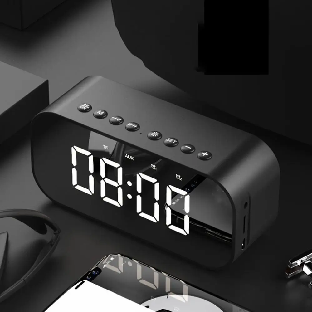 Led despertador com rádio fm sem fio bluetooth alto falante espelho