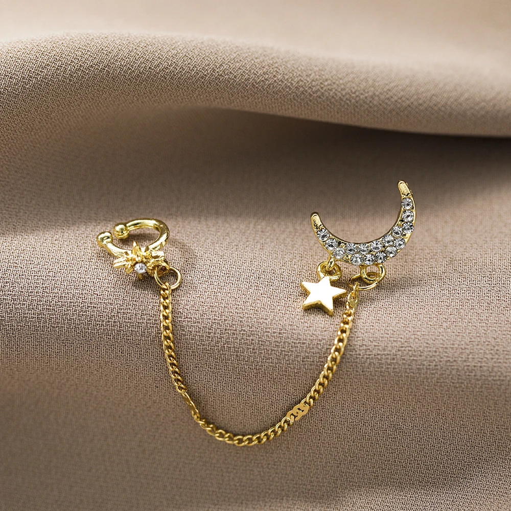 Gold Color Moon Star Clip Dangle Earrings Ear Clip For Women Simple Fake Cartilage Long Tassel Chain Ear Cuff Jewelry