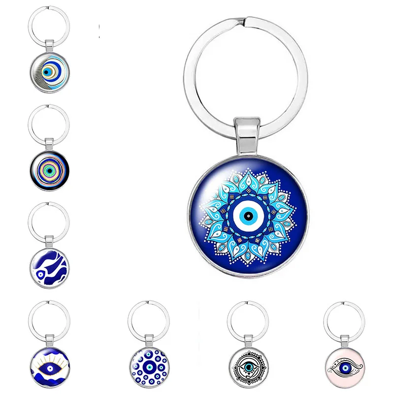 Porte-clés cabochon rond en verre avec photo religieuse, mauvais œil bleu, beauté, anneau de support de voiture, cadeau de sangle