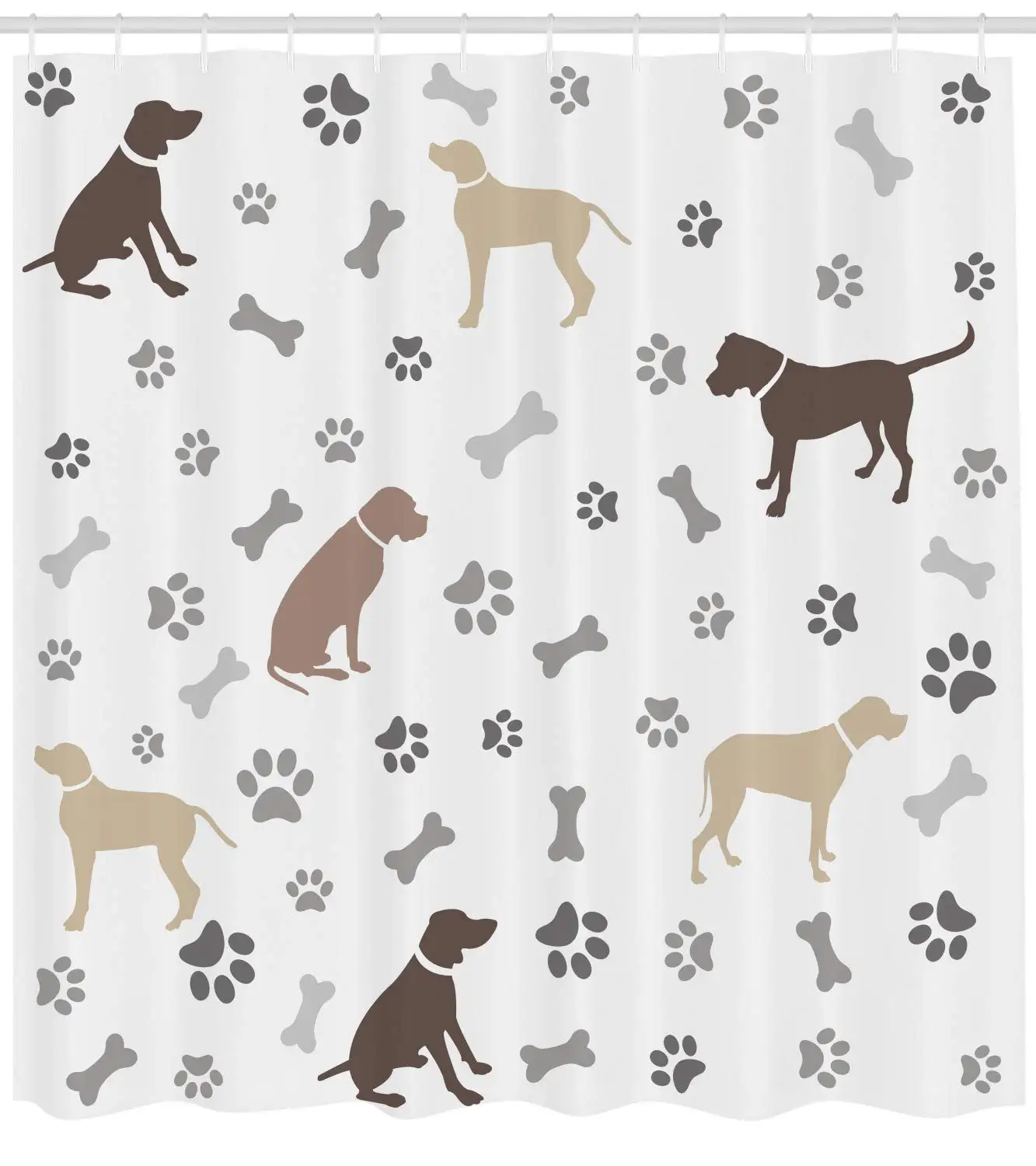 

Dog Lover Shower Curtain, Paw Print Bones and Dog Silhouettes American Foxhound Breed Playful Pattern, Fabric Bathroom Decor Set