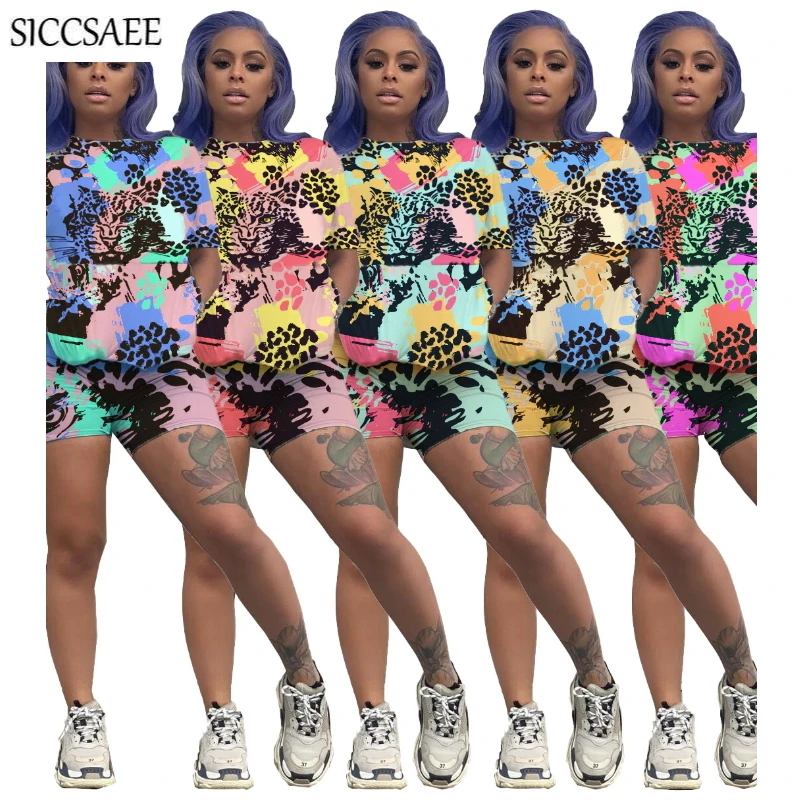 

2020 Summer Style Tiger Head Printed Two Piece Set Short Sleeve Tee Short Sets For Women Sexy Casual Playsuit Plus Size Clothing