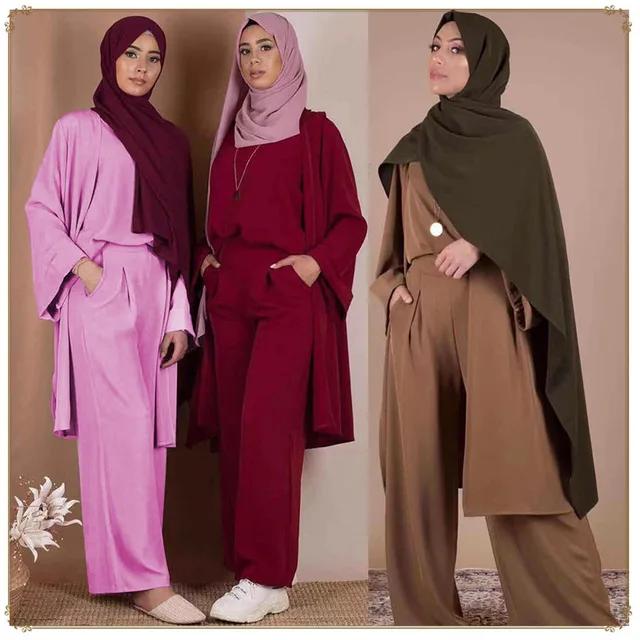 Tres piezas musulmán de gran calidad camisas islámicas + Pantalones trajes de abrigo de moda sencilla original musulmán vestido de encaje trajes wq2595