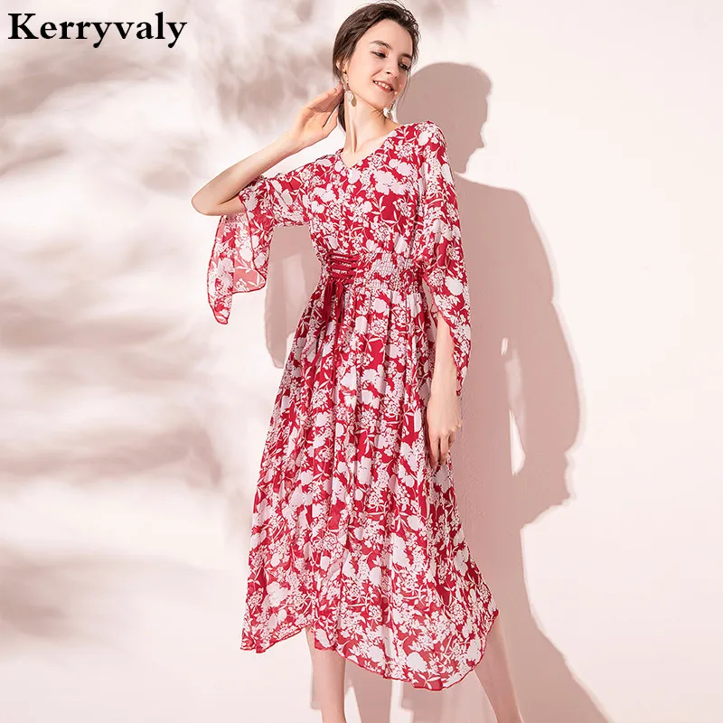 

Bohemia Beach French Floral Chiffon Dress Vestidos Mujer Verano 2020 V-neck Flared Sleeve Vintage Irregular Dress Sukienki K6916
