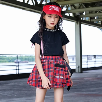 

Jazz Costumes Black Short Sleeve Top Red Plaid Skirt Kids Cheerleading Clothing Hip Hop Set Stage Street Dance Clothes DN3946