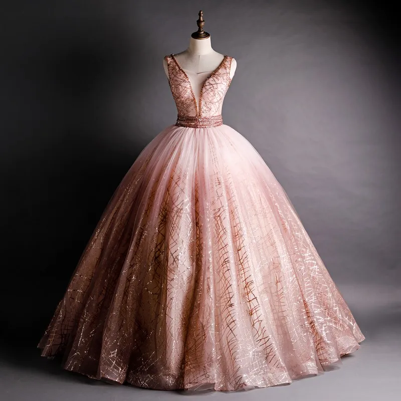 Quinceanera Dresses Luxury Deading Bling Bling Sequins Sleeveless V-neck Party Prom Ball Gown Vintage