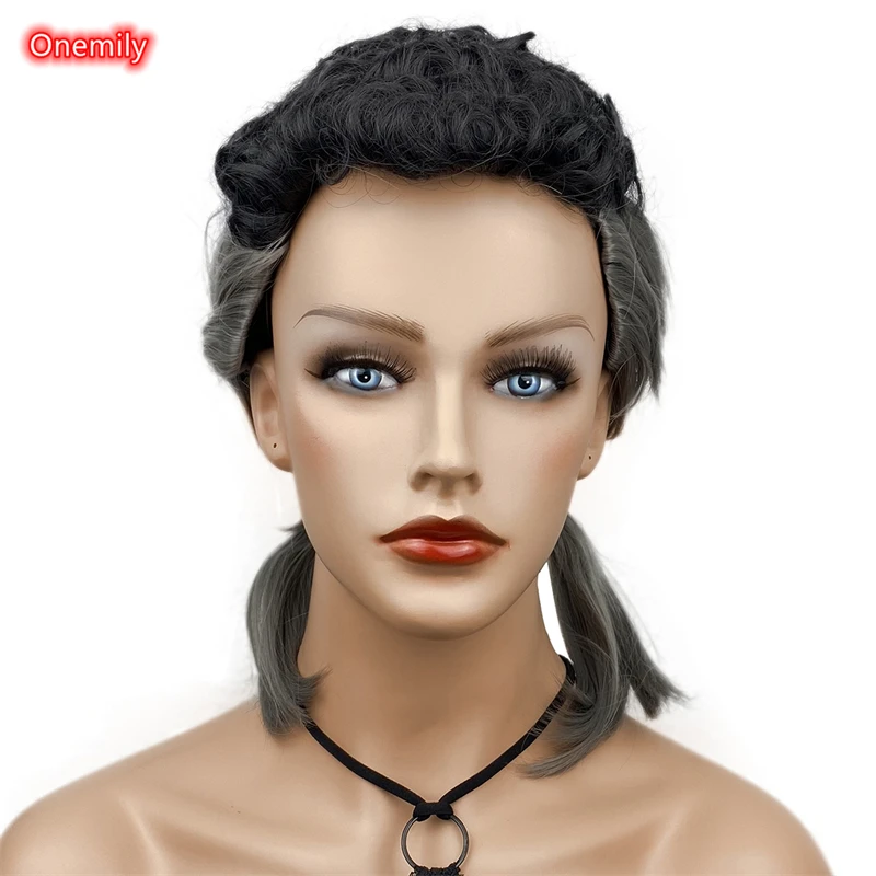 

Onemily Модный черный серый смешанный короткий вьющийся парик с двумя косичками термостойкие синтетические натуральные волосы