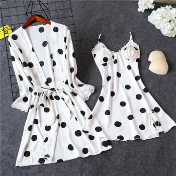 

FZSLCYIYI Summer Sexy Silk Polka dot Women Bathrobe + Mini Night Dress 2PC set Sleepwear with chest pad Pajamas