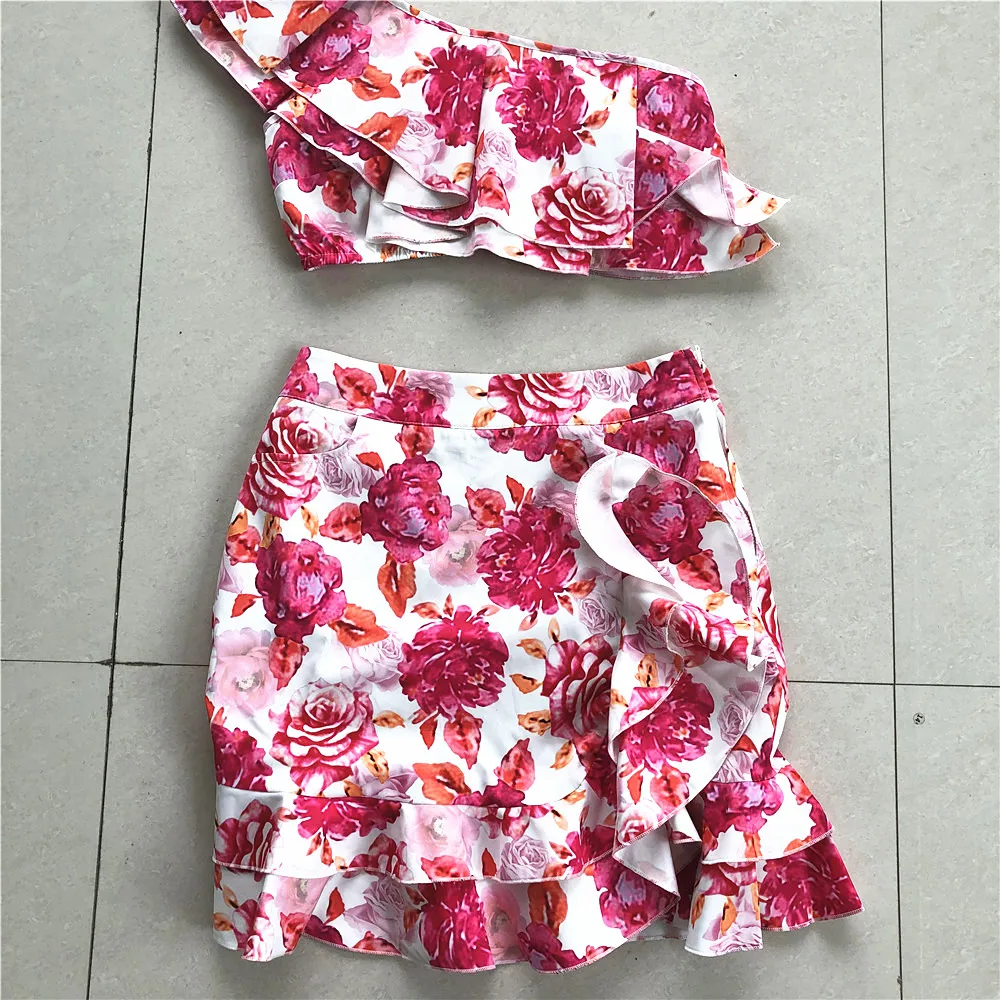 foral print Весенний гофрированный комплект из двух предметов, женский комбинезон на одно плечо, укороченный топ+ юбка, пляжные короткие комбинезоны - Цвет: foral print