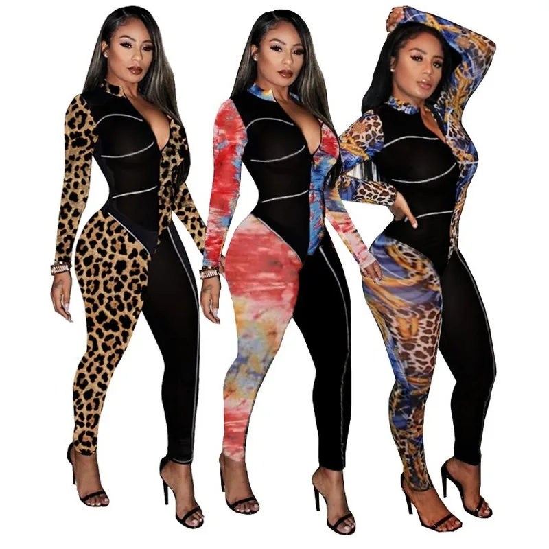 

Women Skinny Zipper Sportwear Jumpsuits Romper Color Block Spliced Full Sleeve Slim Playsuits 2020 Fashion Female Bodycon Outfit