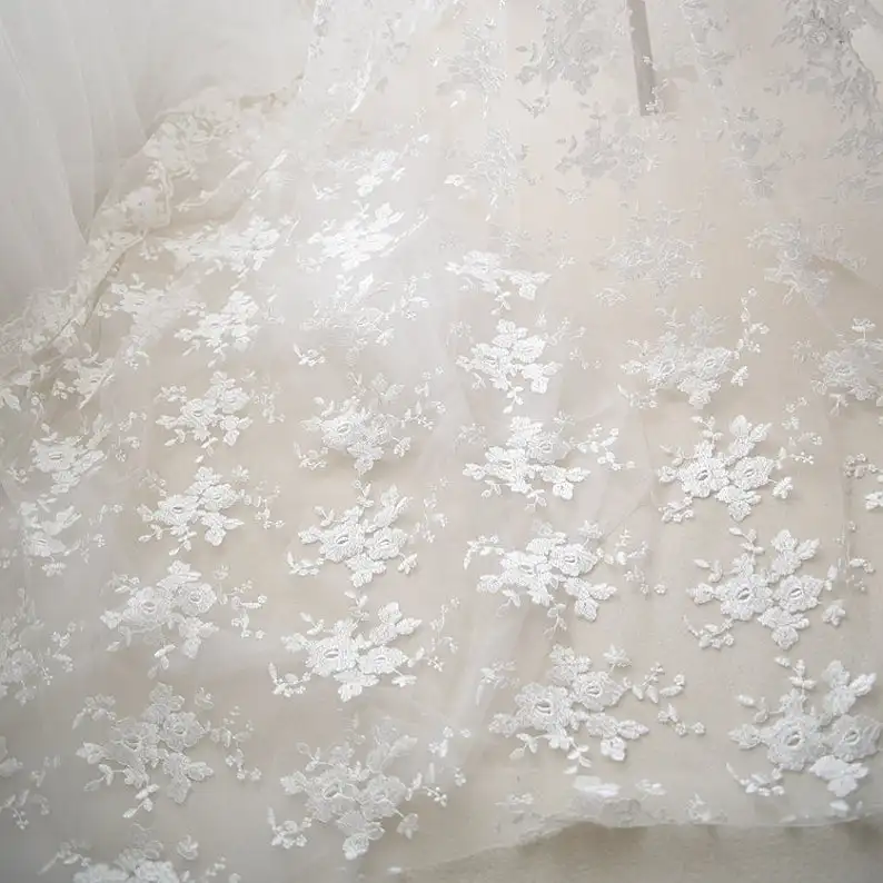 

Flower Off White tulle lace, Floral Embroidery Lace Fabric, for Girl Dress,Prom Dress, bride dress, Evening Dress, Couture Gowns