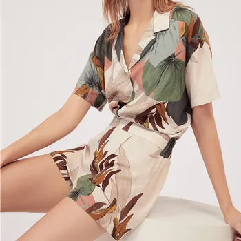 

2PCS Pajamas Set Short-sleeved Leaf Print Women Comfortable Cotton Loose Style Casual Large Size Sleepwear Homewear Pajamas