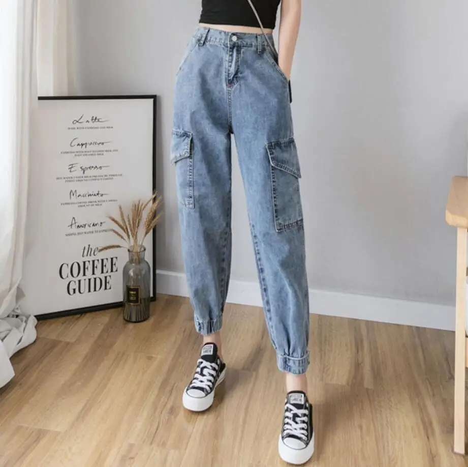 denim blue Женские джинсы-карго с высокой талией, модные Стрейчевые джинсы, женские брюки, джинсовые свободные джинсы, mujer r2287 - Цвет: denim blue