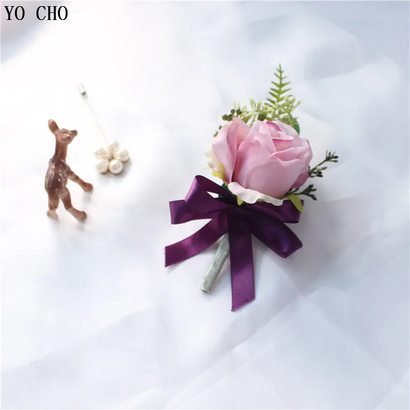 

YO CHO Men Boutonniere Flowers Silk Roses Red Wedding Corsage and Boutonniere Bridesmaid Bracelet Groom Flower Wedding Corsage