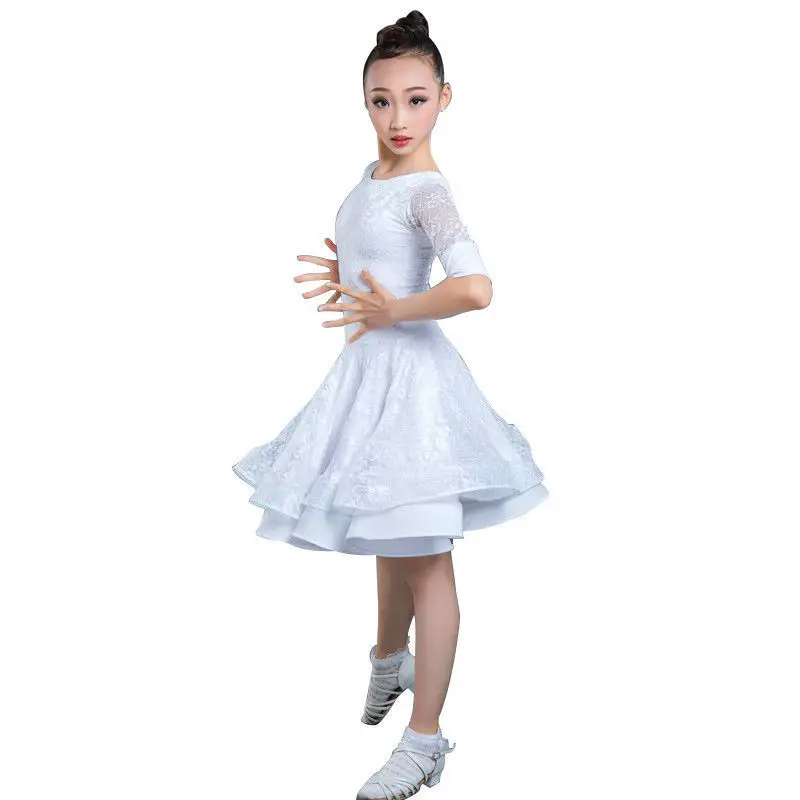 어린이 라틴 댄스 드레스 볼룸 소녀 투투 레이스, 블랙 화이트 디자인 무대 의상 살사 삼바 댄스 의상 130-160CM