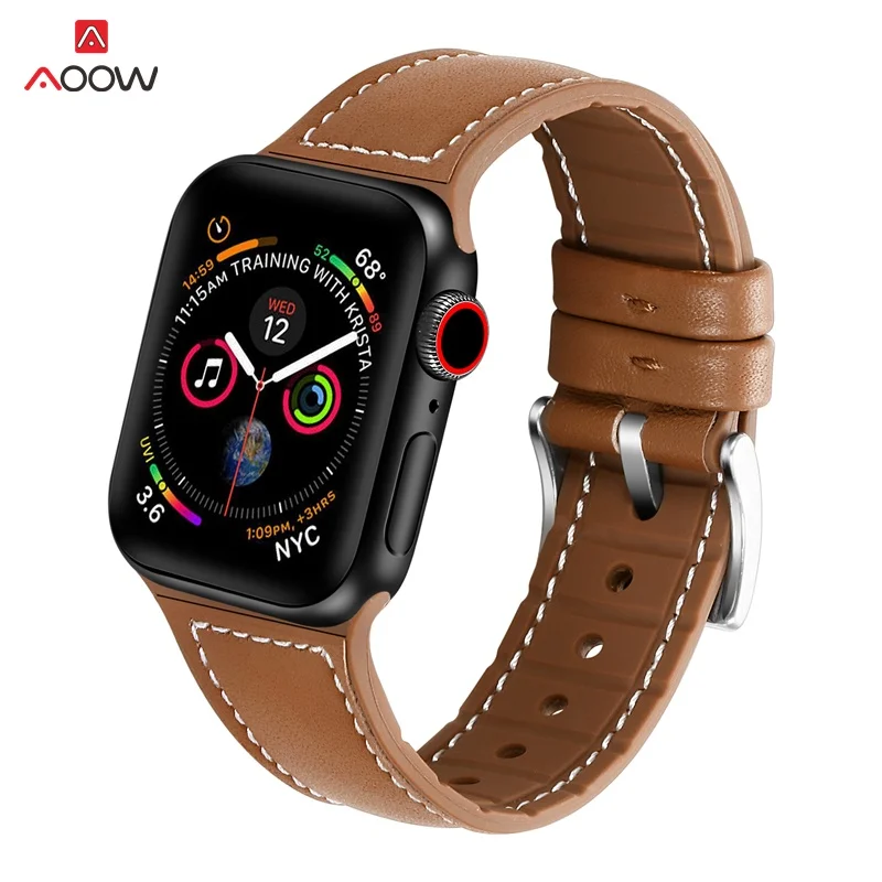 AOOW силиконовый ремешок для часов из натуральной кожи для Apple Watch 38 мм 40 мм 42 мм 44 мм iWatch 1 2 3 4 ремешок на запястье коричневая Серебряная Пряжка