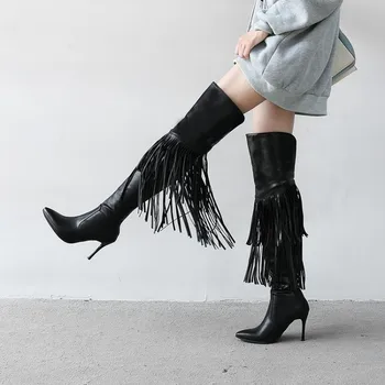 

US4-11 Womens Pointed Toe Over The Knee Thigh Boots Long Tassels Stilettos High Heel Side Zip Warm Winter Shoes Plus Size 2Color