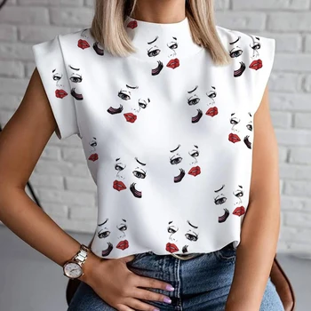 Fashion Women Elegant Lips Print Tops and Blouse Shirts 2021 Summer Ladies Office Casual Stand