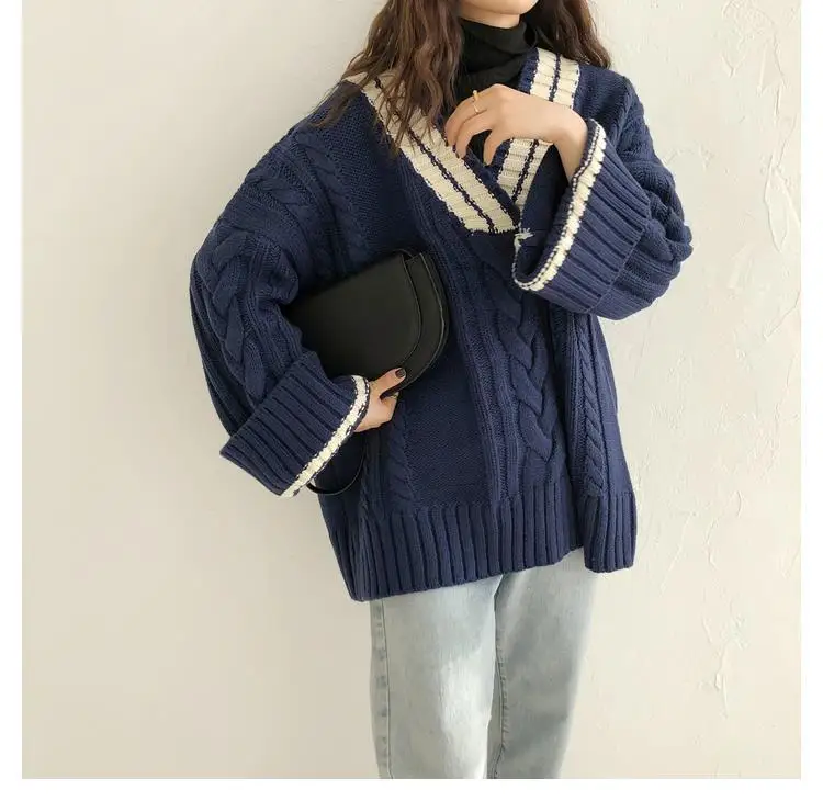 Cable-Knit Sweater navy-blue   Women’s Vintage Pullovers V-neck Chic Patchwork Design Retro Thick Soft Preppy Girls Knitwear Harajuku plus size womens Trendy Fall Ladies Sweaters for Woman with creamy-white trim