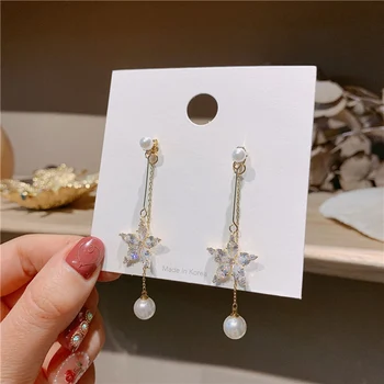 

MENGJIQIAO New Korean Delicate Zircon Flower Pearl Long Drop Earrings For Women Girls Micro Paved Pendientes Party Jewelry